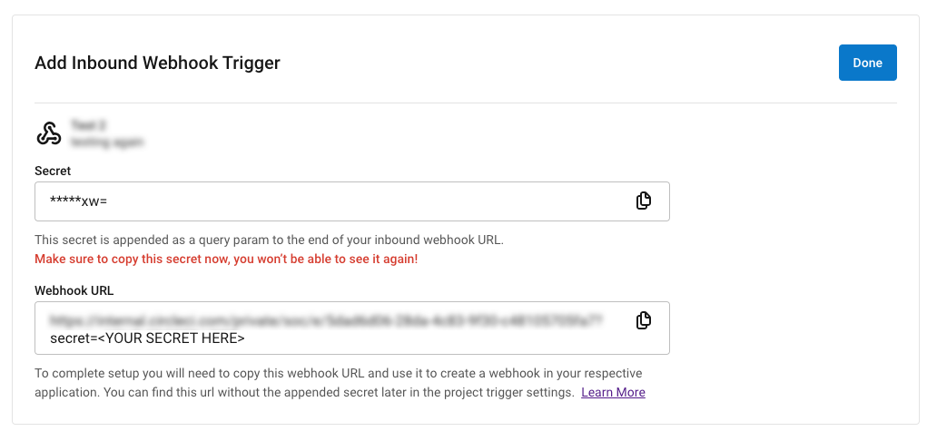 screenshot showing a custom webhook trigger secret and URL